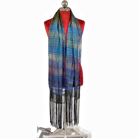 Chico's scarf wrap shawl burnout blue sage sheer long fringe Boho chic elegant - Picture 3 of 8